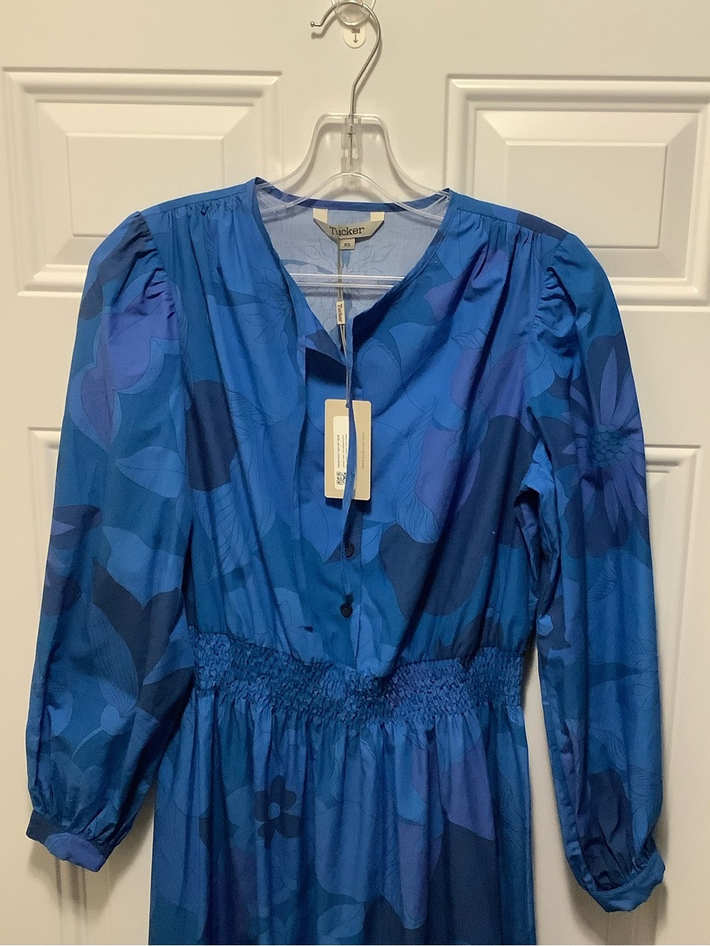 Tucker NYC| Juliette Blue Retro Floral Tiered Sz XS Dress Modest Organic Cotton - Picture 3 of 13